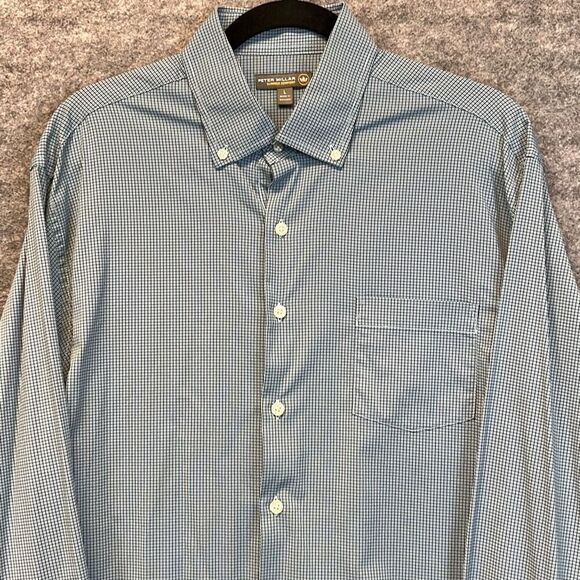 PETER MILLAR Summer Comfort Button Down Shirt Men's Large Blue Black Micro Plaid - Picture 1 of 14